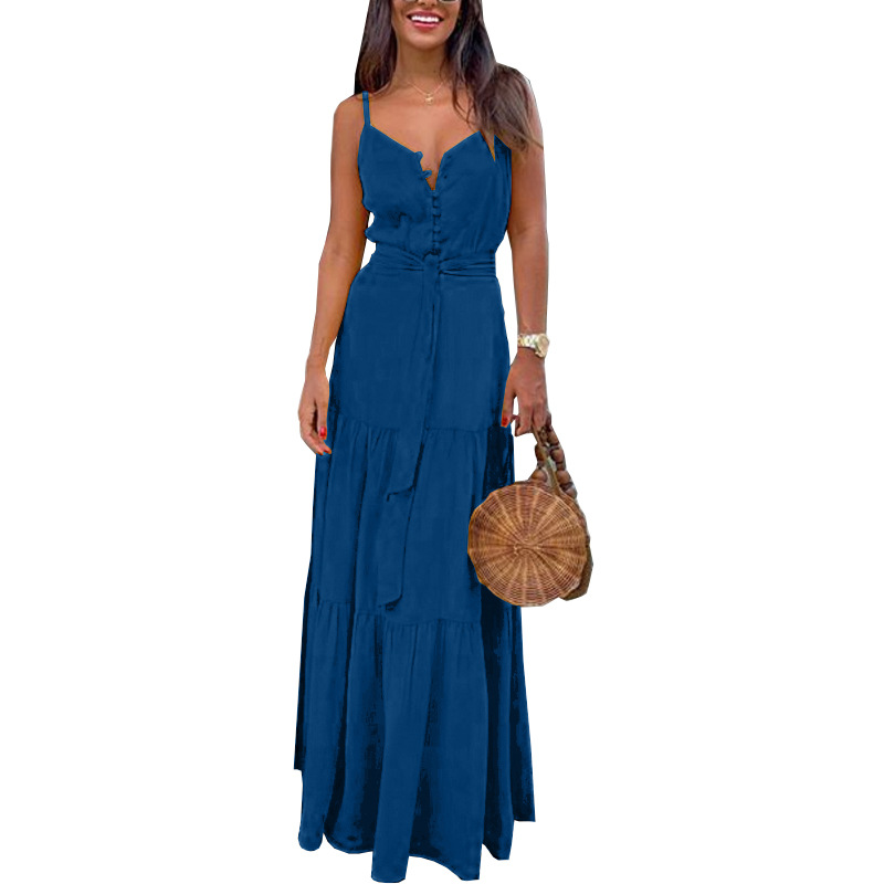 FC539 Women's 2022 summer new ladies temperament V-neck mid-length suspender dress