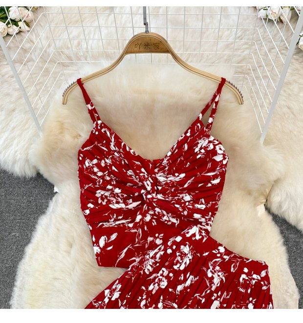 Casual suit women's fashion floral kink camisole Western-style top two-piece high-waist pleated wide-leg pants suit
