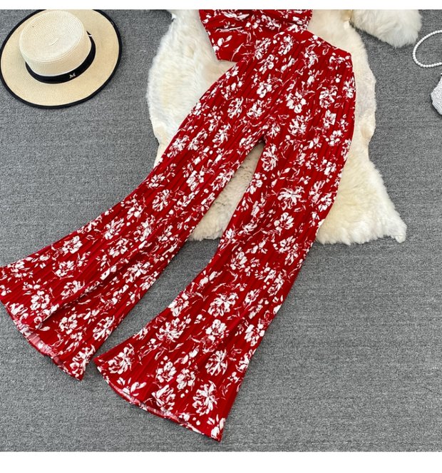 Casual suit women's fashion floral kink camisole Western-style top two-piece high-waist pleated wide-leg pants suit