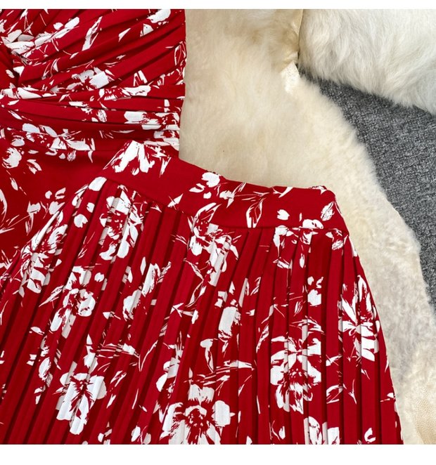 Casual suit women's fashion floral kink camisole Western-style top two-piece high-waist pleated wide-leg pants suit