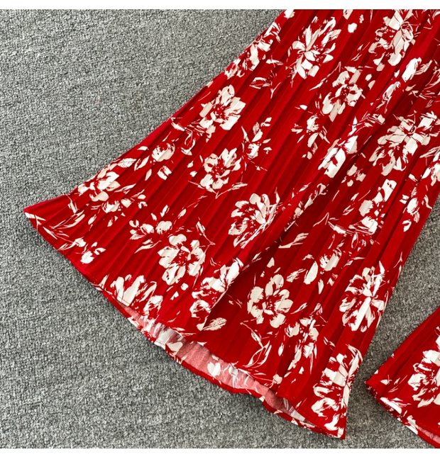 Casual suit women's fashion floral kink camisole Western-style top two-piece high-waist pleated wide-leg pants suit