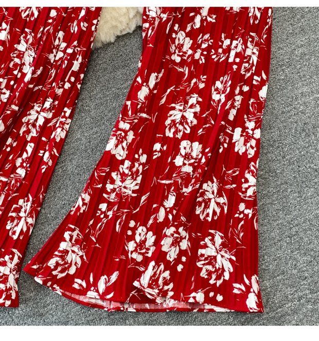 Casual suit women's fashion floral kink camisole Western-style top two-piece high-waist pleated wide-leg pants suit