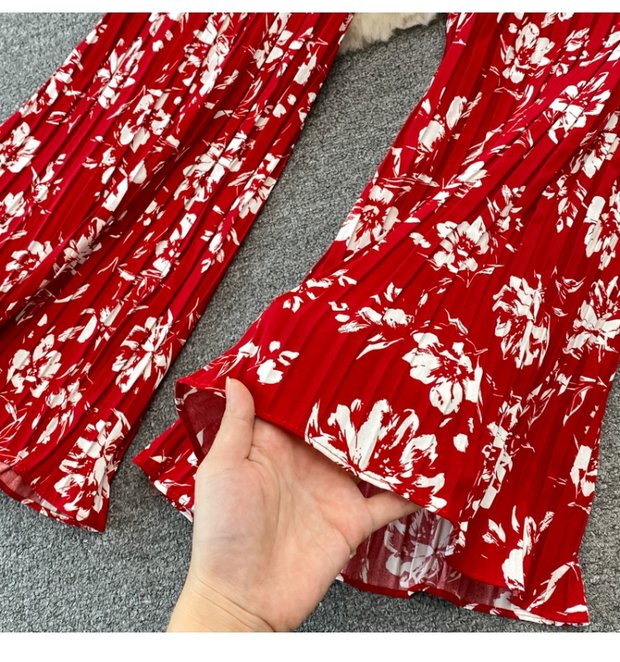 Casual suit women's fashion floral kink camisole Western-style top two-piece high-waist pleated wide-leg pants suit