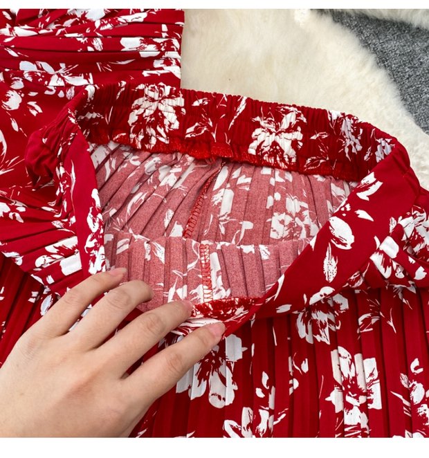 Casual suit women's fashion floral kink camisole Western-style top two-piece high-waist pleated wide-leg pants suit