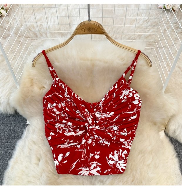 Casual suit women's fashion floral kink camisole Western-style top two-piece high-waist pleated wide-leg pants suit