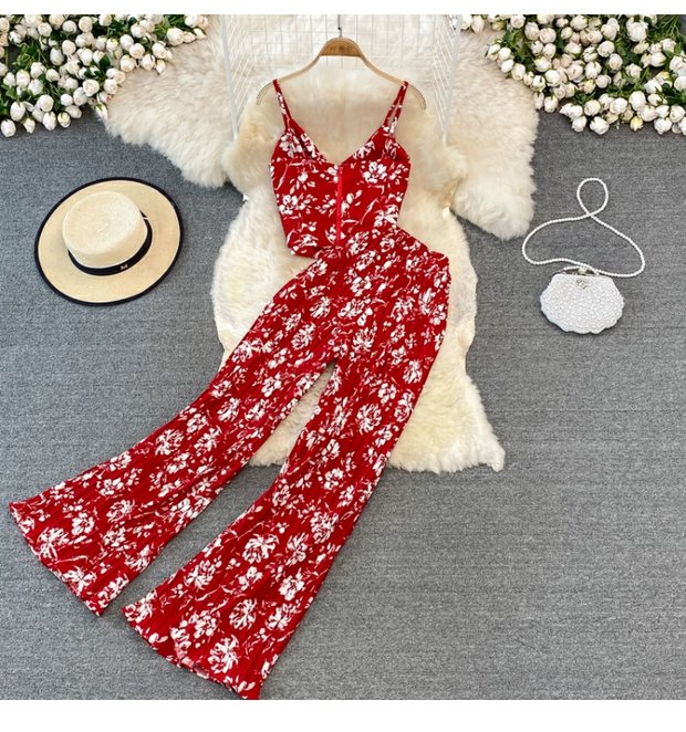 Casual suit women's fashion floral kink camisole Western-style top two-piece high-waist pleated wide-leg pants suit