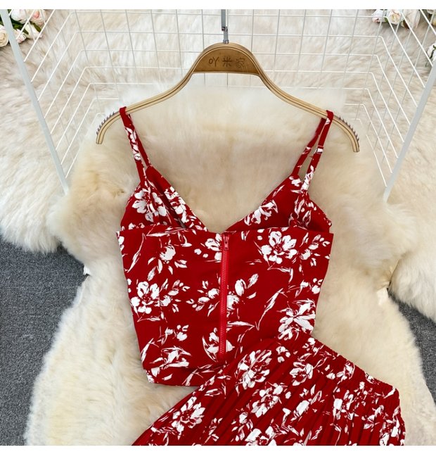 Casual suit women's fashion floral kink camisole Western-style top two-piece high-waist pleated wide-leg pants suit
