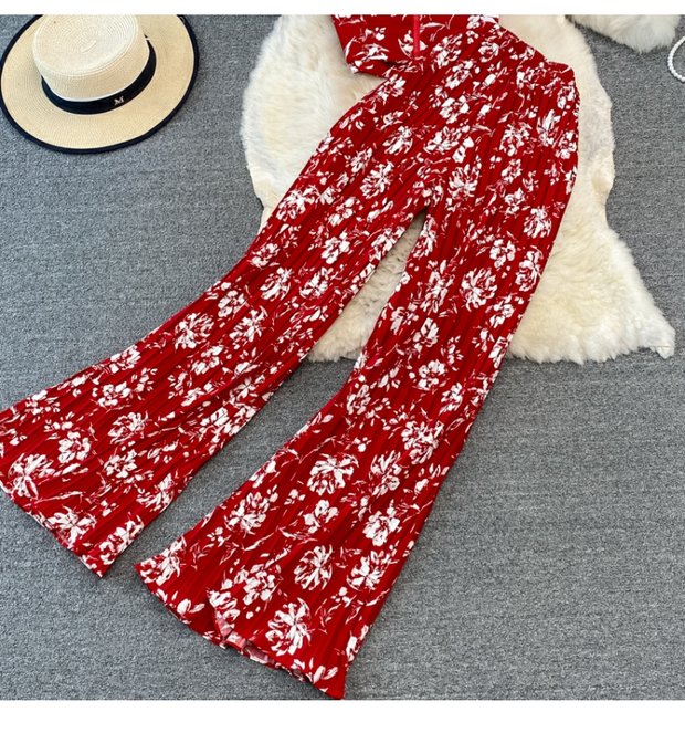 Casual suit women's fashion floral kink camisole Western-style top two-piece high-waist pleated wide-leg pants suit