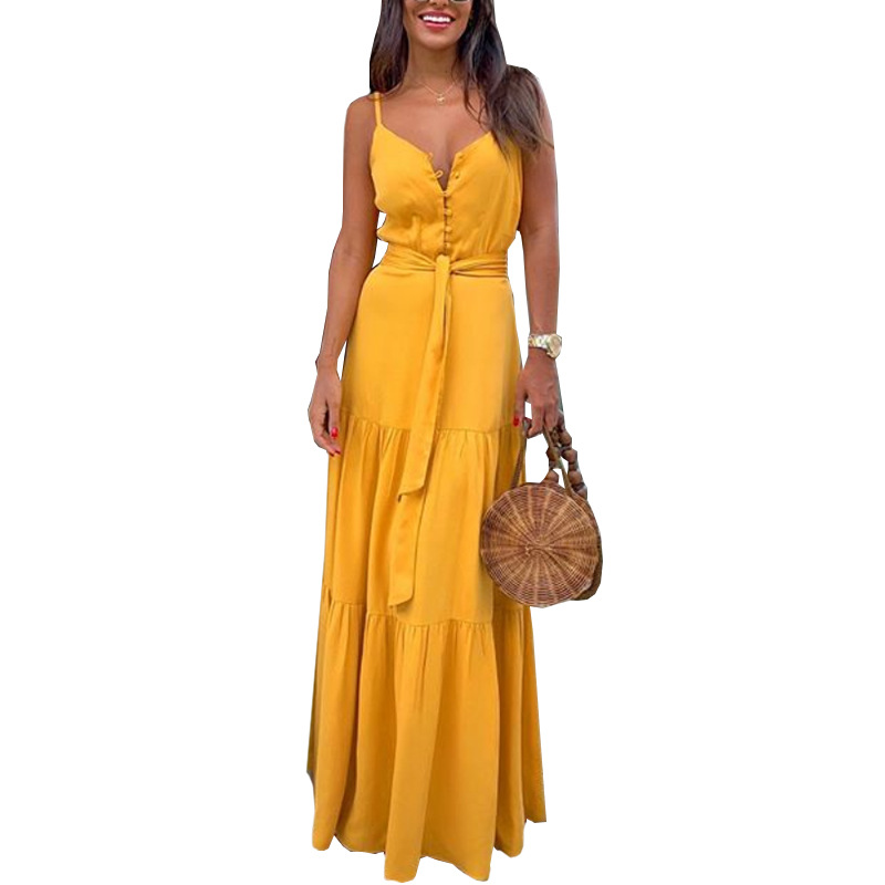 FC539 Women's 2022 summer new ladies temperament V-neck mid-length suspender dress