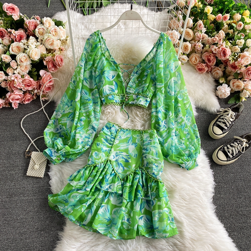 High Waist Deep V-neck Lantern Sleeve Short Chiffon Shirt Top Two-piece Women's High Waist Floral Hip Skirt