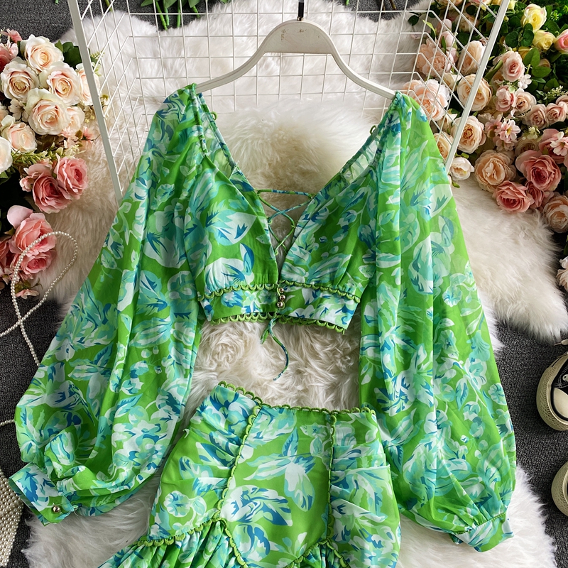 High Waist Deep V-neck Lantern Sleeve Short Chiffon Shirt Top Two-piece Women's High Waist Floral Hip Skirt