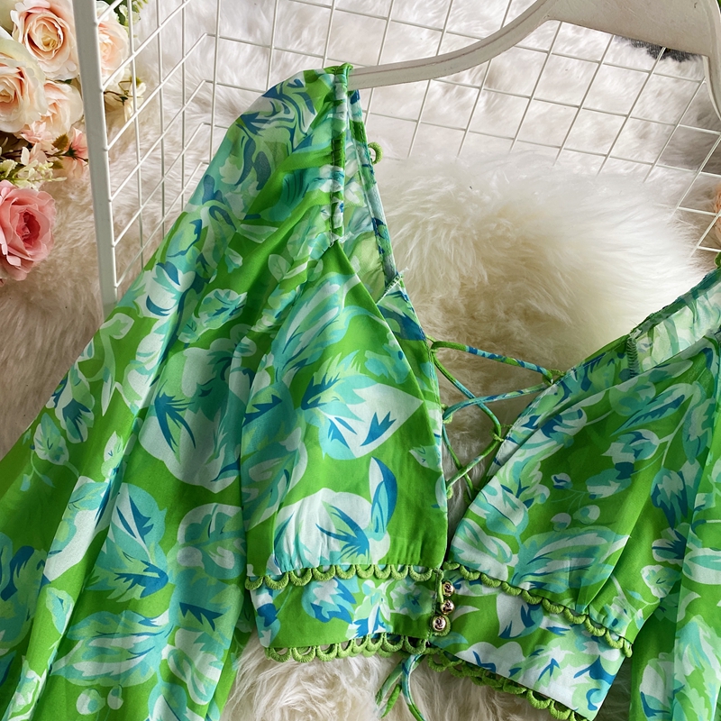High Waist Deep V-neck Lantern Sleeve Short Chiffon Shirt Top Two-piece Women's High Waist Floral Hip Skirt