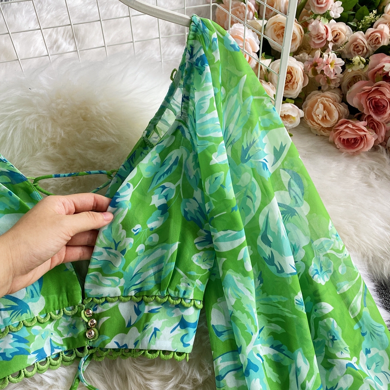 High Waist Deep V-neck Lantern Sleeve Short Chiffon Shirt Top Two-piece Women's High Waist Floral Hip Skirt