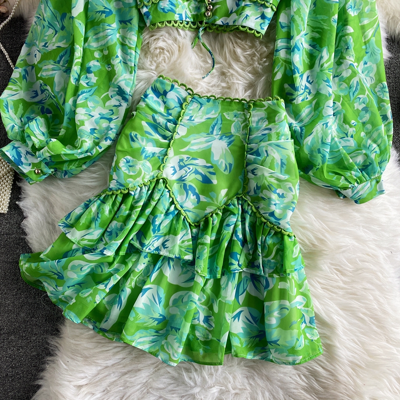 High Waist Deep V-neck Lantern Sleeve Short Chiffon Shirt Top Two-piece Women's High Waist Floral Hip Skirt