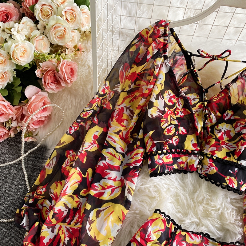 High Waist Deep V-neck Lantern Sleeve Short Chiffon Shirt Top Two-piece Women's High Waist Floral Hip Skirt