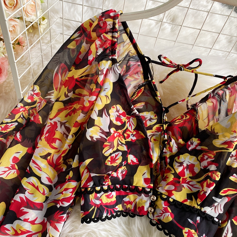 High Waist Deep V-neck Lantern Sleeve Short Chiffon Shirt Top Two-piece Women's High Waist Floral Hip Skirt