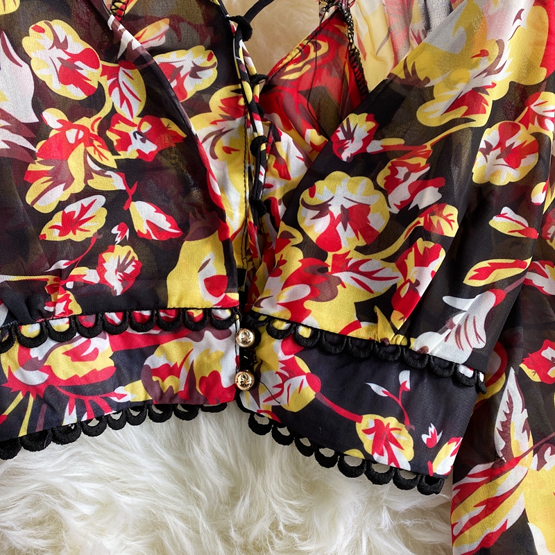 High Waist Deep V-neck Lantern Sleeve Short Chiffon Shirt Top Two-piece Women's High Waist Floral Hip Skirt