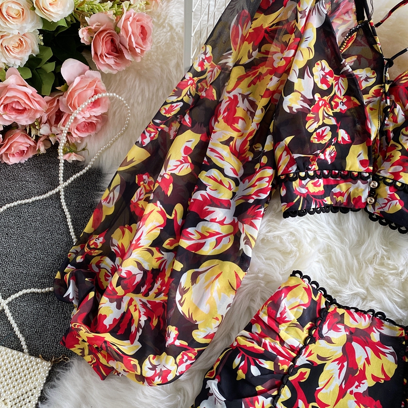 High Waist Deep V-neck Lantern Sleeve Short Chiffon Shirt Top Two-piece Women's High Waist Floral Hip Skirt