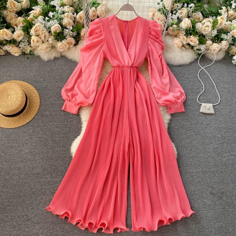 Retro fairy jumpsuit v-neck puff sleeves waist slimming three-dimensional fungus side first repair wide-leg pants