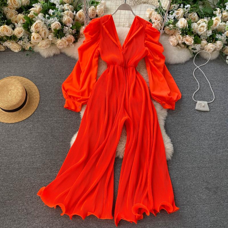 Retro fairy jumpsuit v-neck puff sleeves waist slimming three-dimensional fungus side first repair wide-leg pants