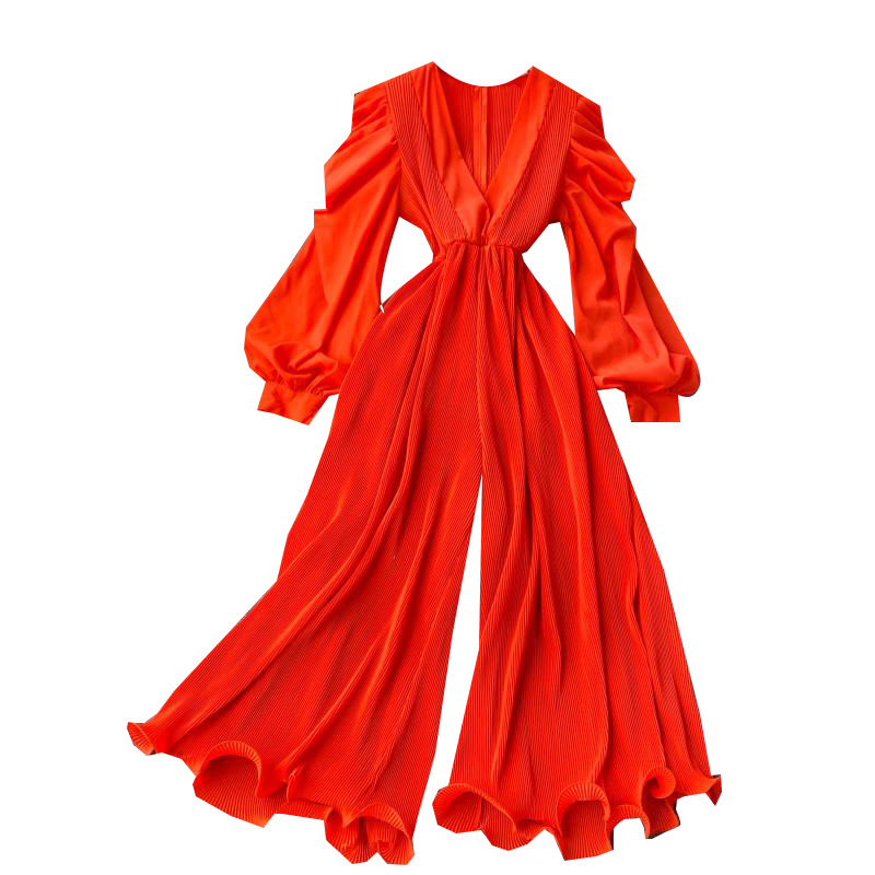 Retro fairy jumpsuit v-neck puff sleeves waist slimming three-dimensional fungus side first repair wide-leg pants