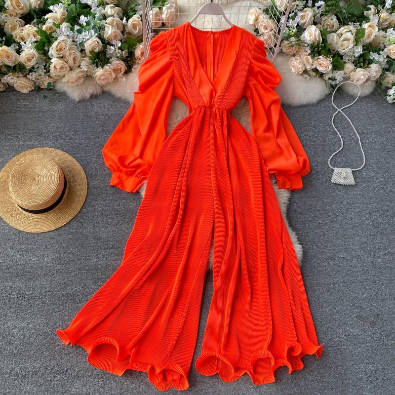 Retro fairy jumpsuit v-neck puff sleeves waist slimming three-dimensional fungus side first repair wide-leg pants
