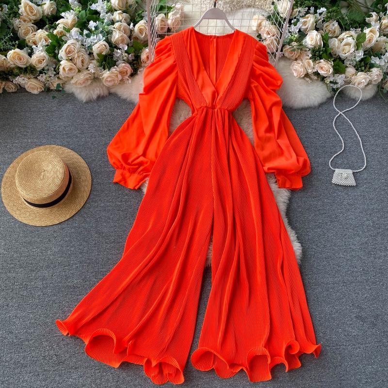 Retro fairy jumpsuit v-neck puff sleeves waist slimming three-dimensional fungus side first repair wide-leg pants