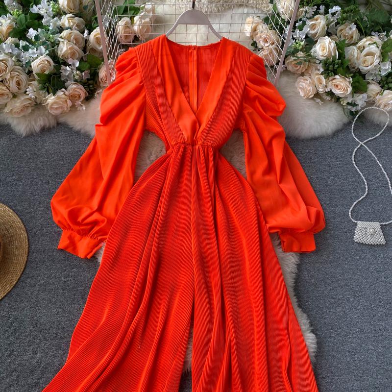 Retro fairy jumpsuit v-neck puff sleeves waist slimming three-dimensional fungus side first repair wide-leg pants