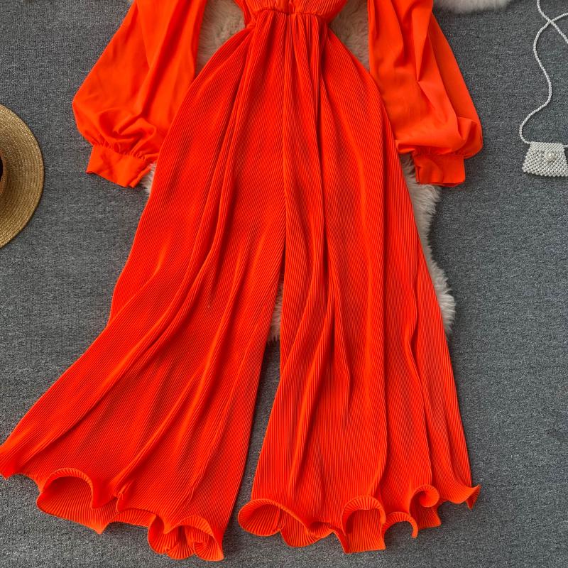 Retro fairy jumpsuit v-neck puff sleeves waist slimming three-dimensional fungus side first repair wide-leg pants