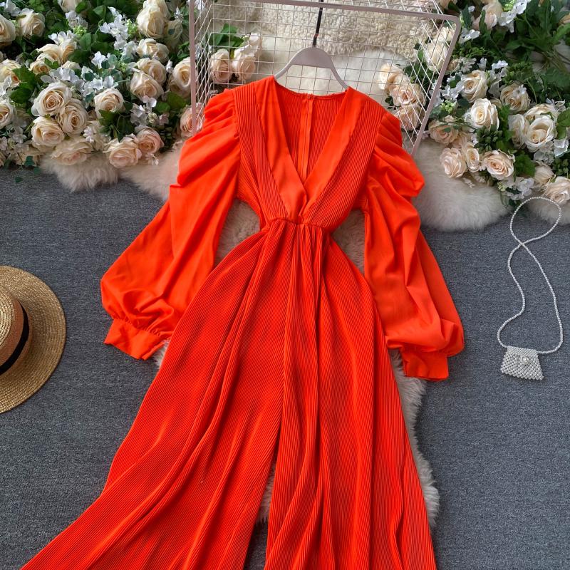 Retro fairy jumpsuit v-neck puff sleeves waist slimming three-dimensional fungus side first repair wide-leg pants