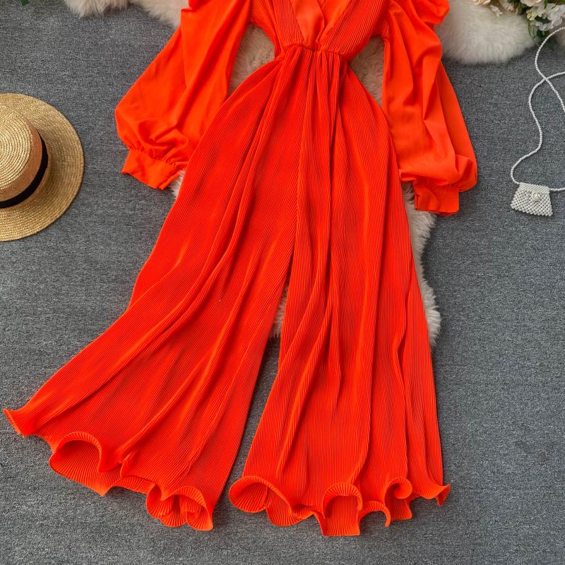 Retro fairy jumpsuit v-neck puff sleeves waist slimming three-dimensional fungus side first repair wide-leg pants