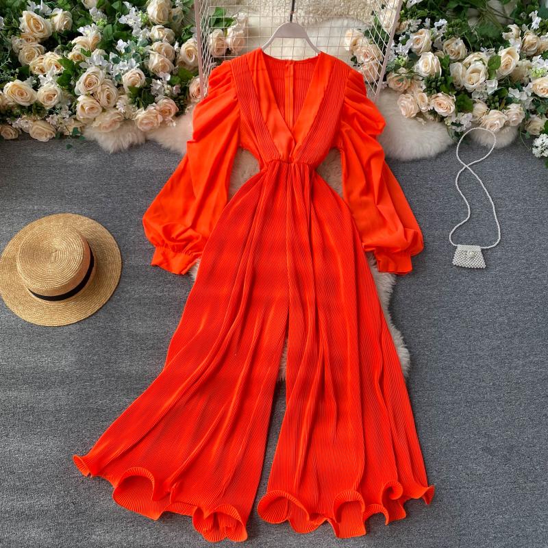 Retro fairy jumpsuit v-neck puff sleeves waist slimming three-dimensional fungus side first repair wide-leg pants