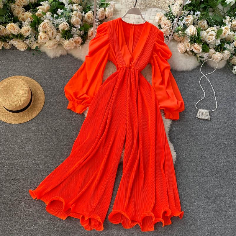 Retro fairy jumpsuit v-neck puff sleeves waist slimming three-dimensional fungus side first repair wide-leg pants