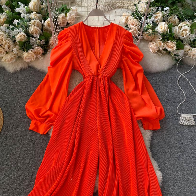 Retro fairy jumpsuit v-neck puff sleeves waist slimming three-dimensional fungus side first repair wide-leg pants