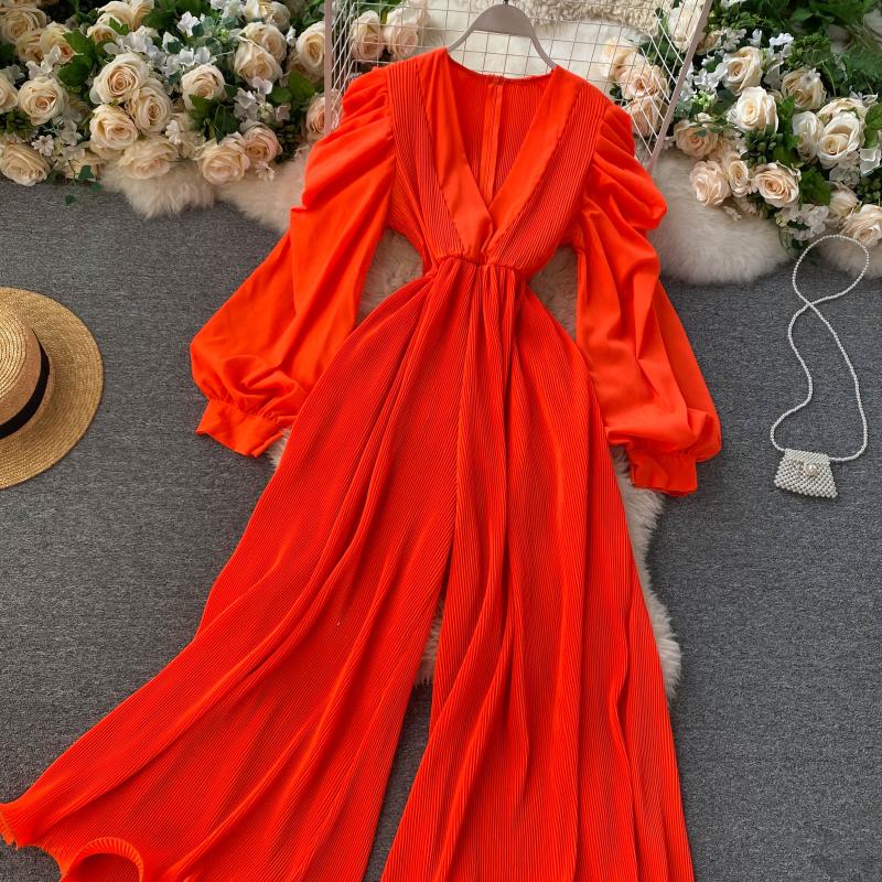 Retro fairy jumpsuit v-neck puff sleeves waist slimming three-dimensional fungus side first repair wide-leg pants
