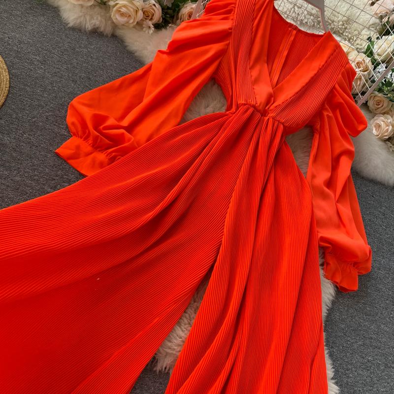 Retro fairy jumpsuit v-neck puff sleeves waist slimming three-dimensional fungus side first repair wide-leg pants