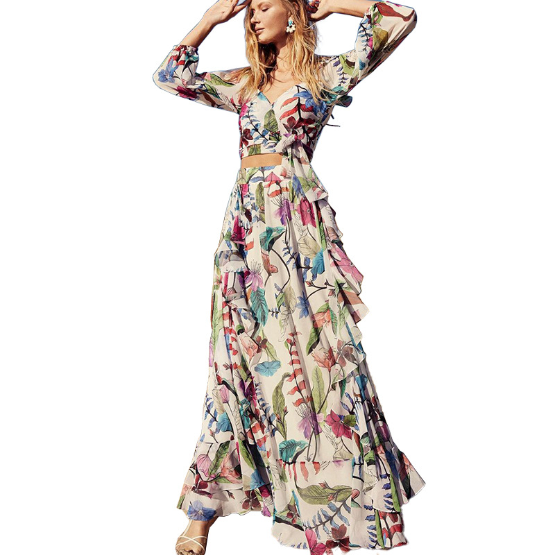 FD898  2022 autumn women's new sexy V-neck long sleeve blouse printed skirt two-piece set