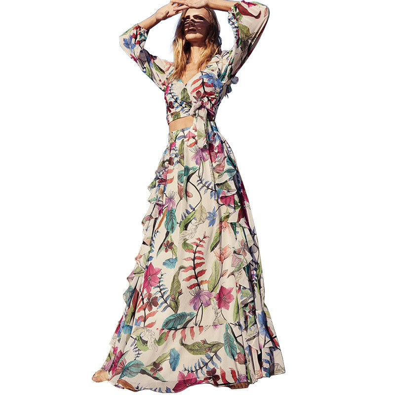 FD898  2022 autumn women's new sexy V-neck long sleeve blouse printed skirt two-piece set