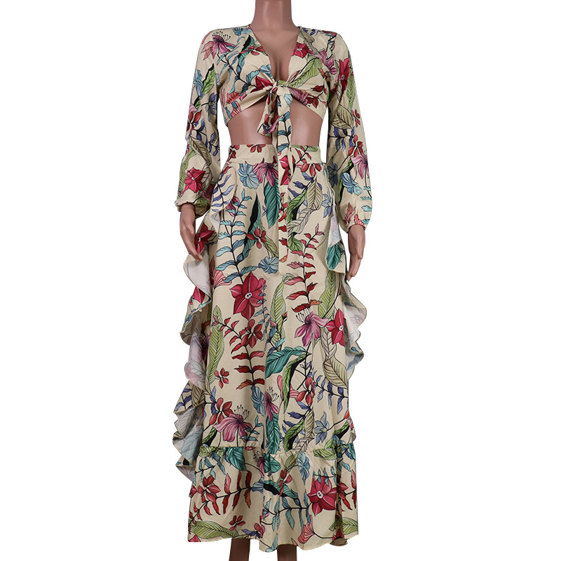 FD898  2022 autumn women's new sexy V-neck long sleeve blouse printed skirt two-piece set