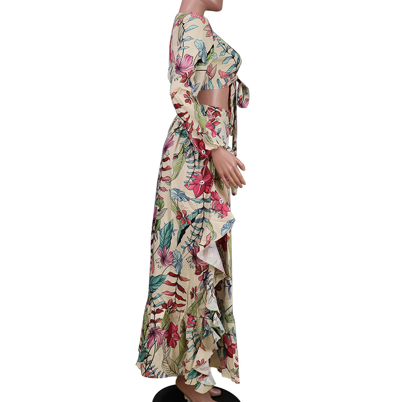 FD898  2022 autumn women's new sexy V-neck long sleeve blouse printed skirt two-piece set