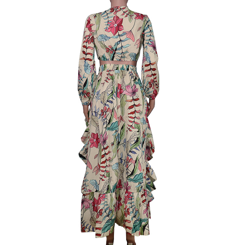 FD898  2022 autumn women's new sexy V-neck long sleeve blouse printed skirt two-piece set