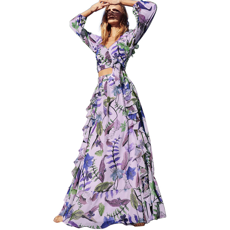 FD898  2022 autumn women's new sexy V-neck long sleeve blouse printed skirt two-piece set