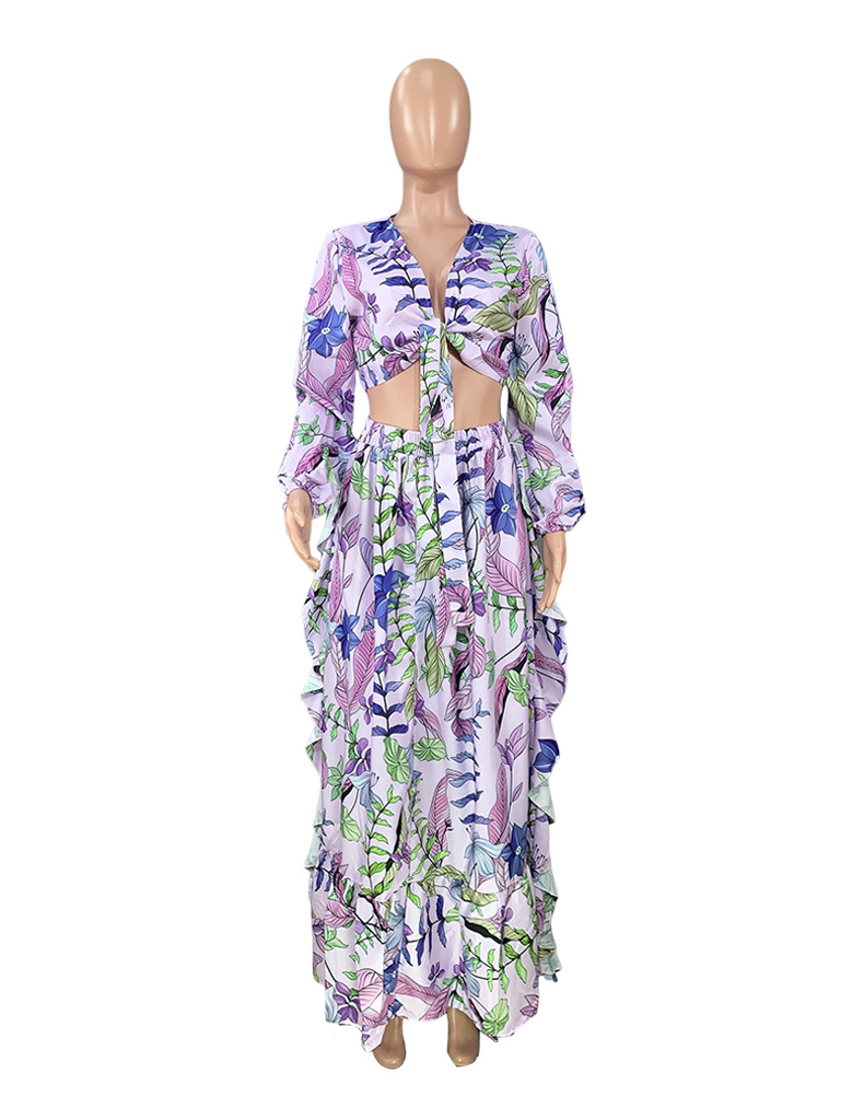 FD898  2022 autumn women's new sexy V-neck long sleeve blouse printed skirt two-piece set