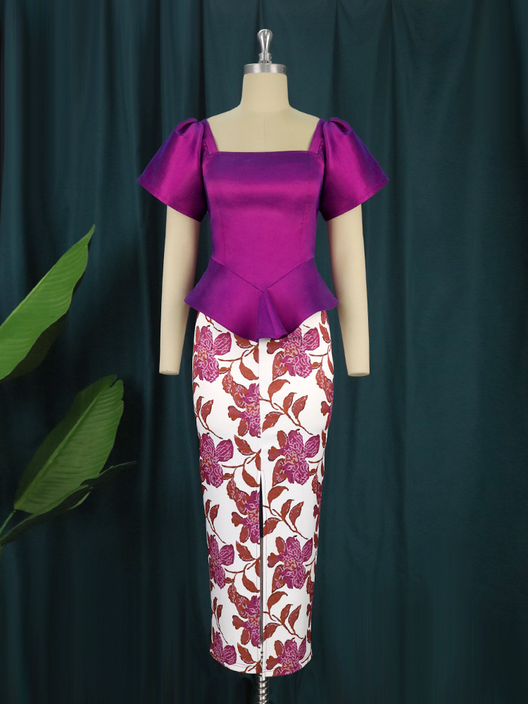New square collar lantern sleeve irregular shirt printed slit Party Two-piece set