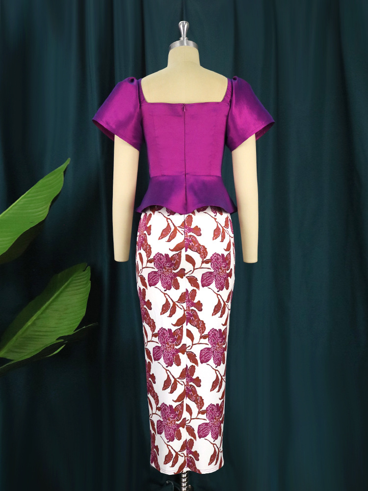 New square collar lantern sleeve irregular shirt printed slit Party Two-piece set