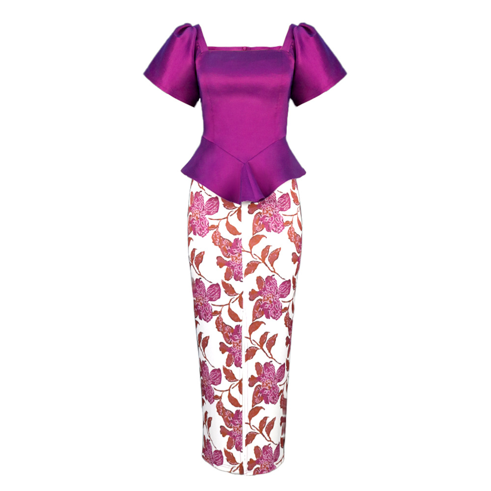 New square collar lantern sleeve irregular shirt printed slit Party Two-piece set