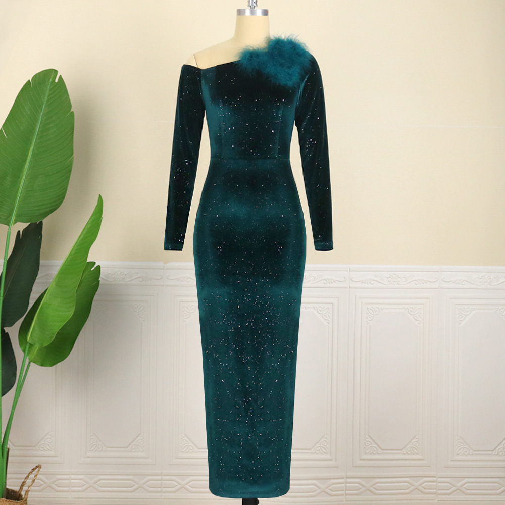 Fall/winter new sexy diagonal skirt velvet party dress sequin dress