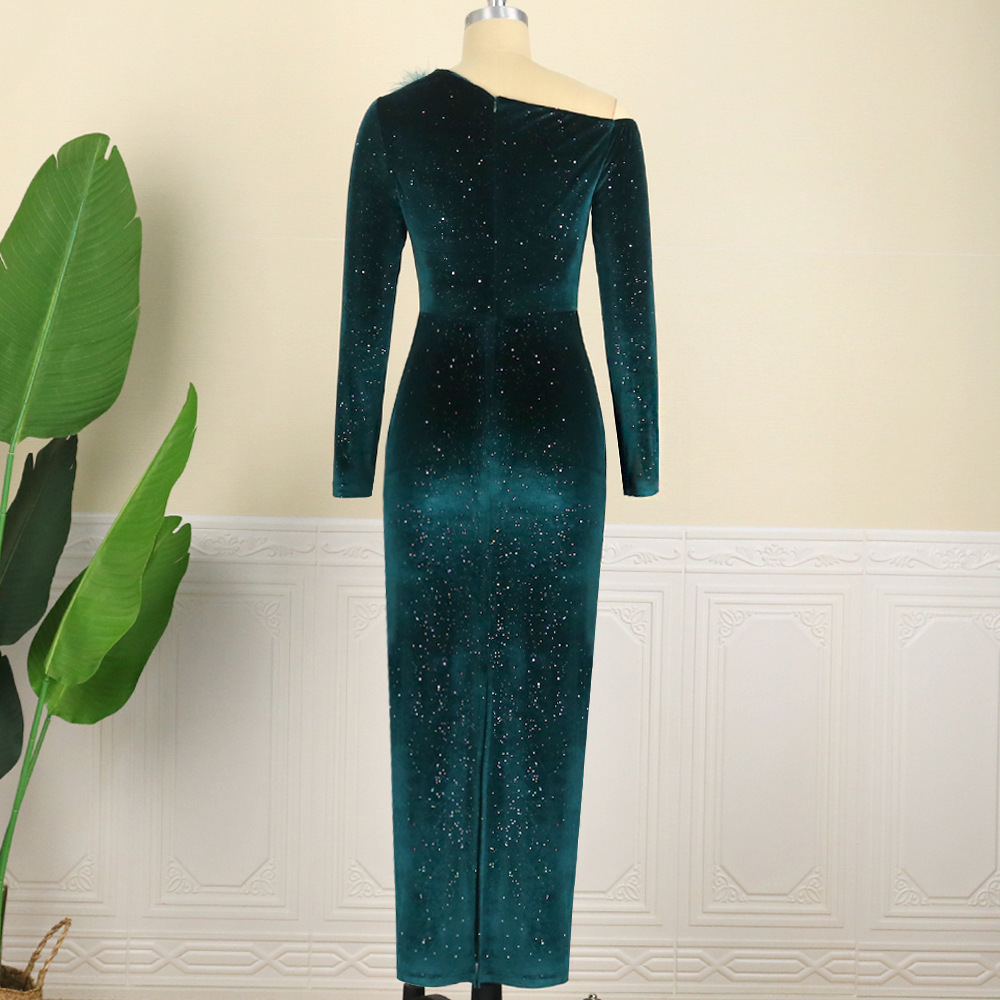 Fall/winter new sexy diagonal skirt velvet party dress sequin dress
