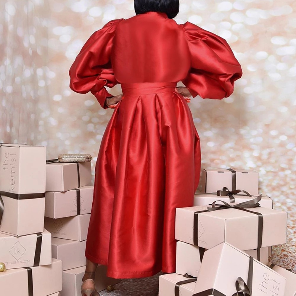 Polo collar long sleeve bubble sleeve big hem skirt tie shirt gown party dresses