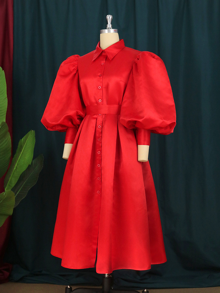 Polo collar long sleeve bubble sleeve big hem skirt tie shirt gown party dresses